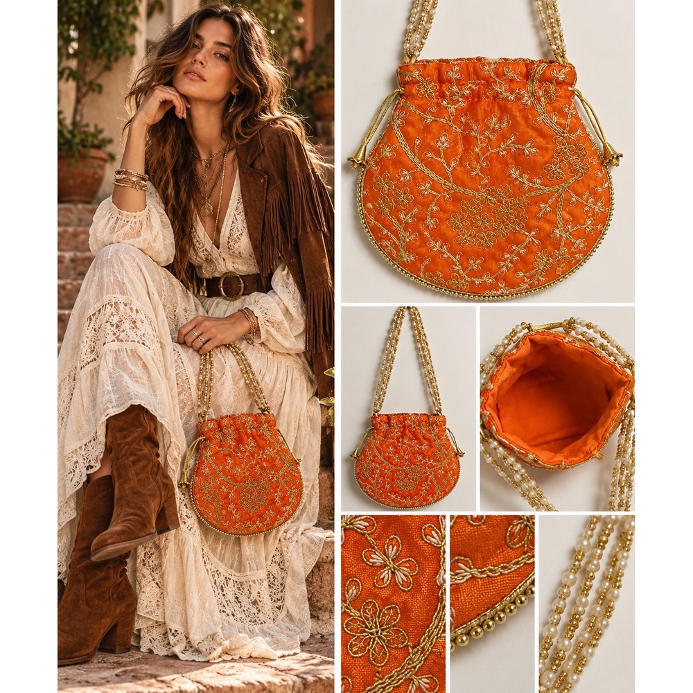 Indian Potli Bag Orange Gold Embroidered Boho Purse Beaded 70s Festival Eclectic